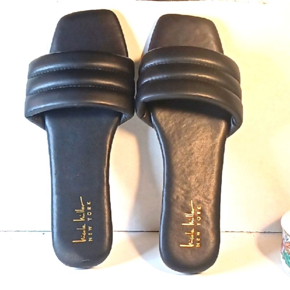 Nicole Miller Women's Solid Black Faux Leather Open Toe Flat Heel Slides…